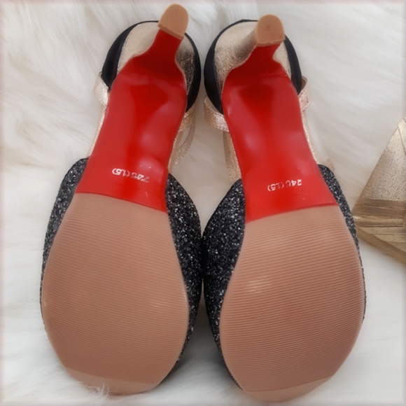 BLACK & GOLD Open Toe Ankle Strap Heels - Picture 5 of 7